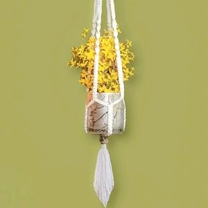 White Macrame Potted Plant Hanger w/Glass Planter